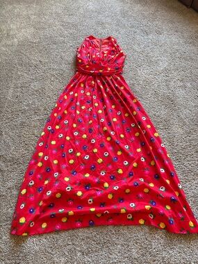 Vintage 1970’s Red Floral Maxi Dress with Fitted Waist